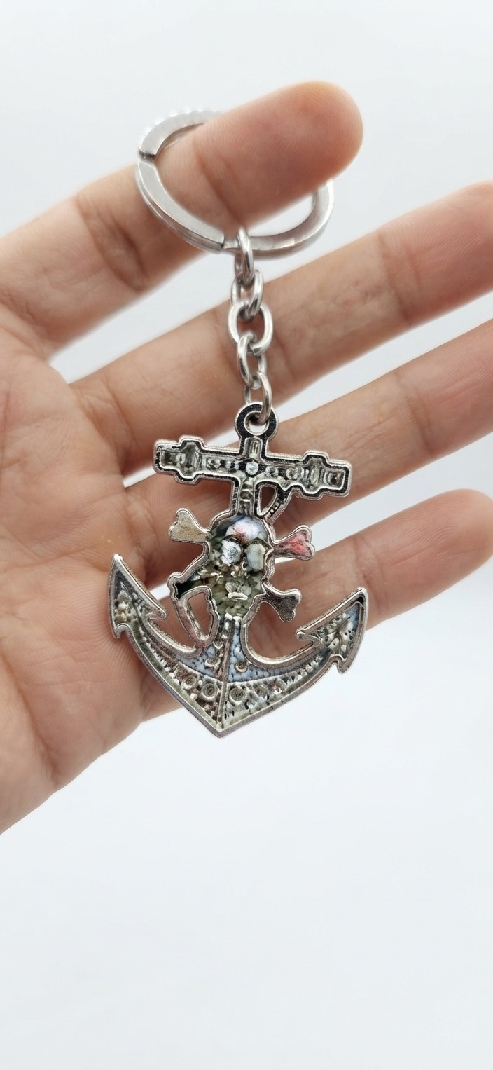 Vintage Metal Anchor Keychain with Skull & Crossbones Nautical Pirate Keyring