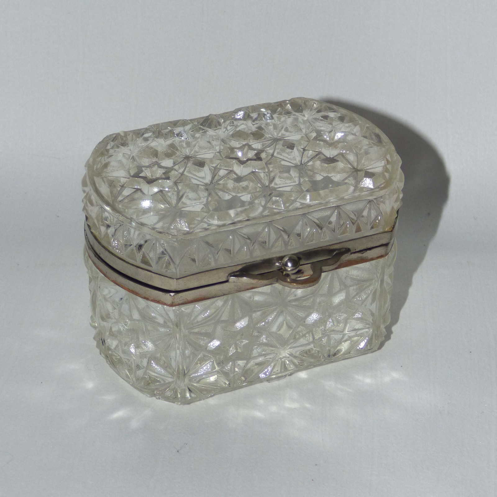 Antique c.1900 Pressed Glass Bonbonniere Jewelry Box Star Pattern Metal Mount
