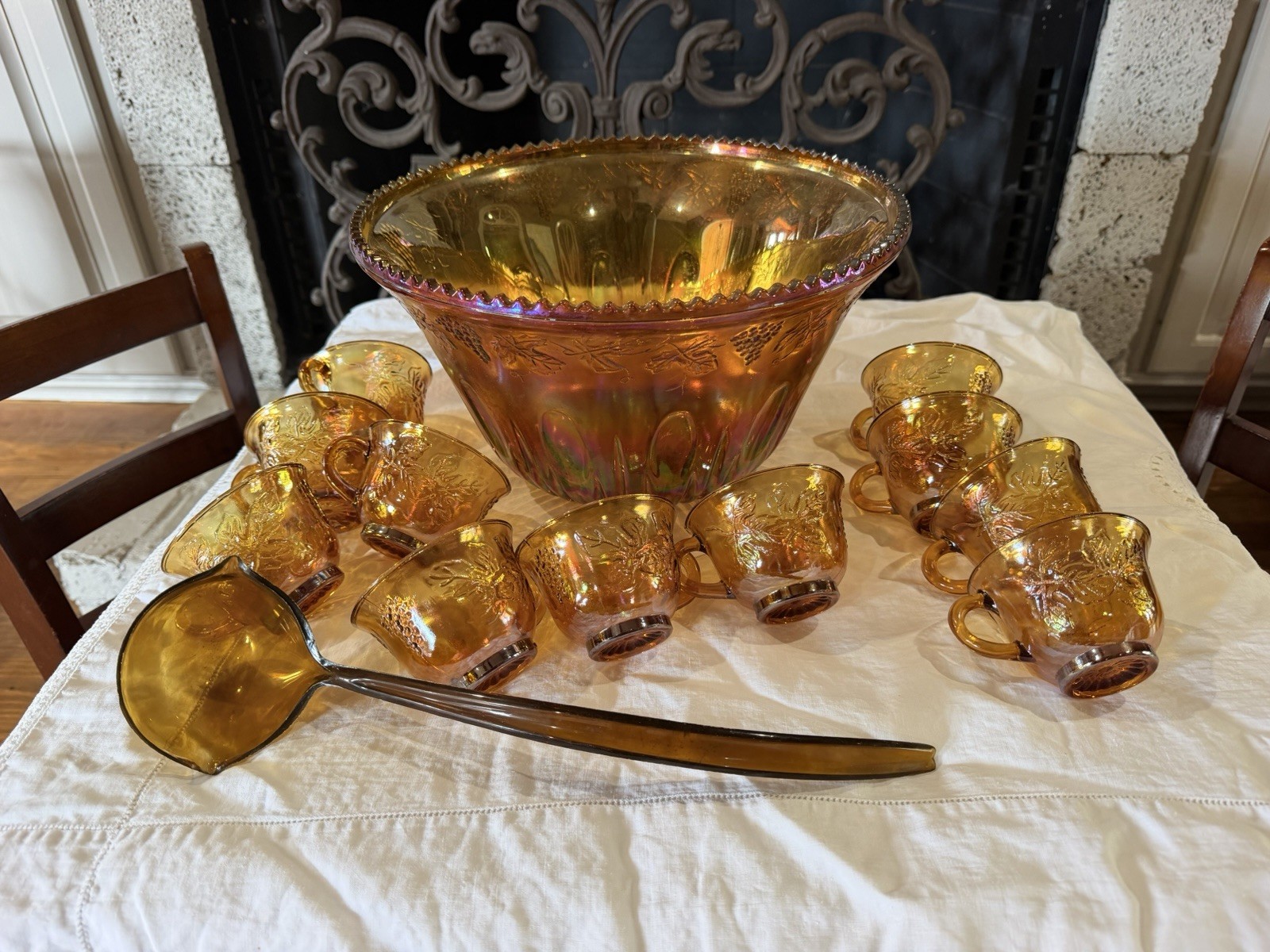 Indiana Glass Iridescent Marigold Carnival Glass Punch Bowl, 10 cups, Ladle Indiana Glass Iridescent Marigold Carnival Glass Punch Bowl, 10 cups, Ladle