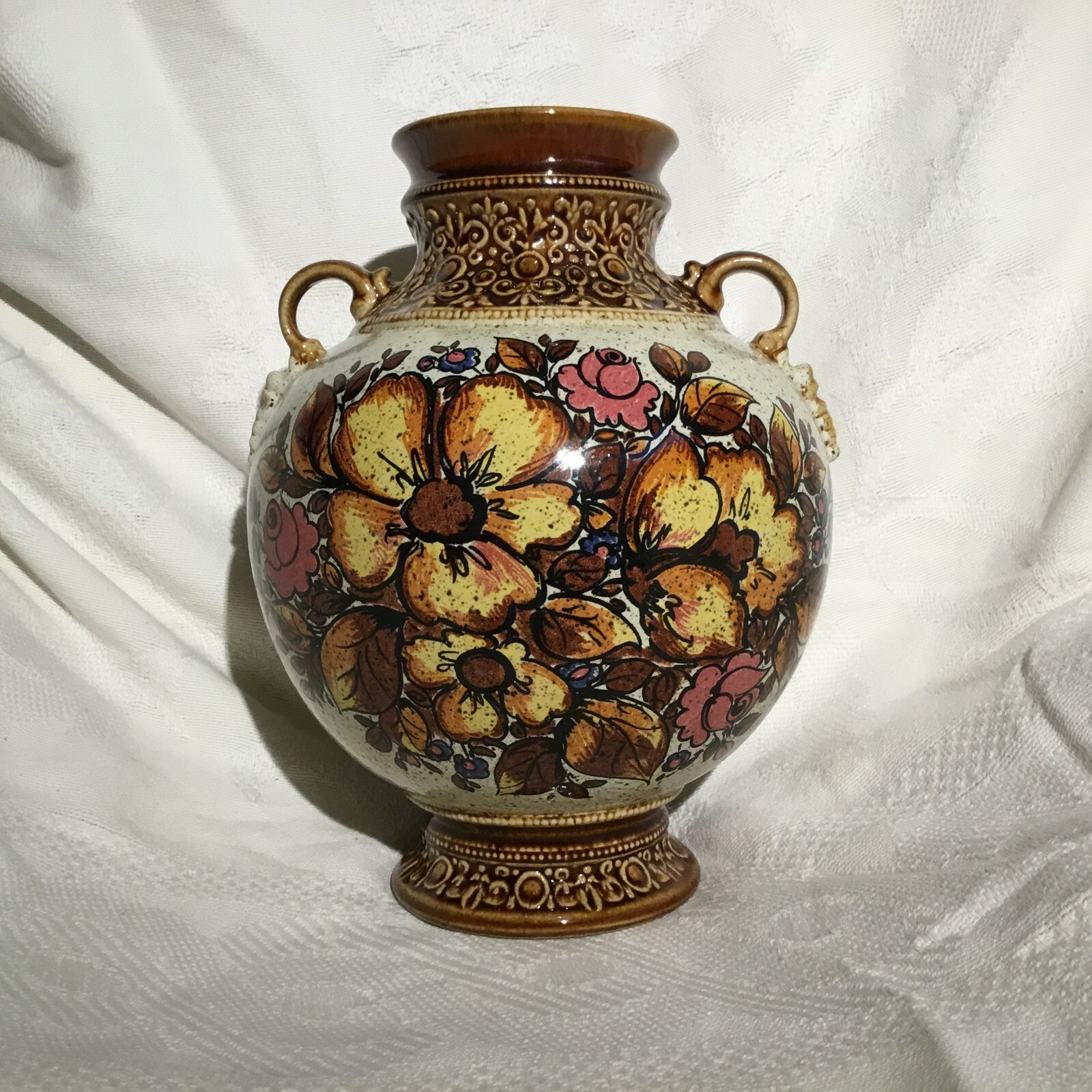 Vtg Hand Painted Pottery Glazed Brown Embossed FLORAL Double Handles 10