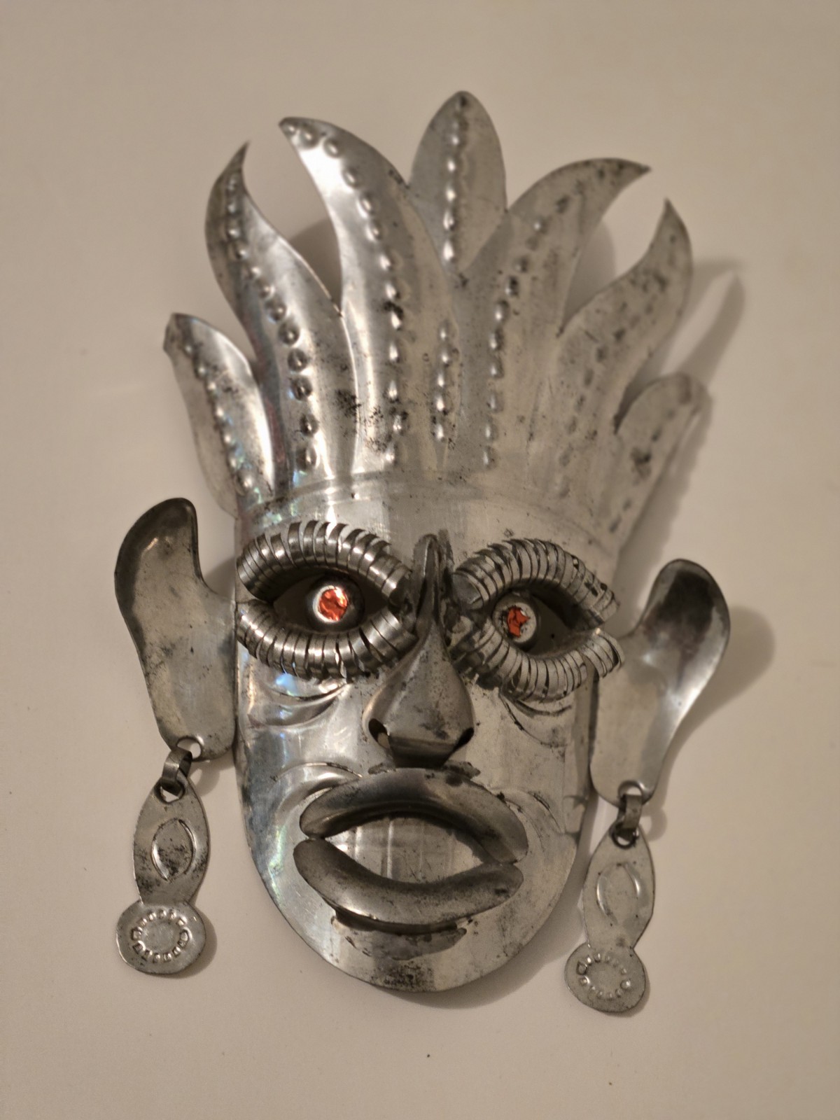 MEXICAN FOLK ART Punched TIN MASK OF A WARRIOR Taxco Wall Hanging