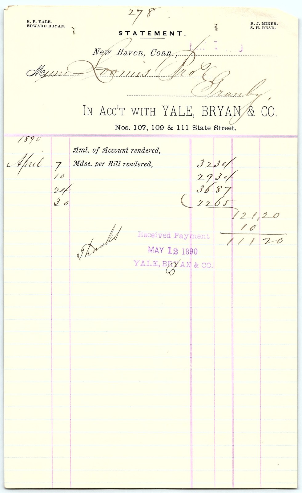 1890 Vintage Billhead from Yale, Bryan & Co., New Haven, CT