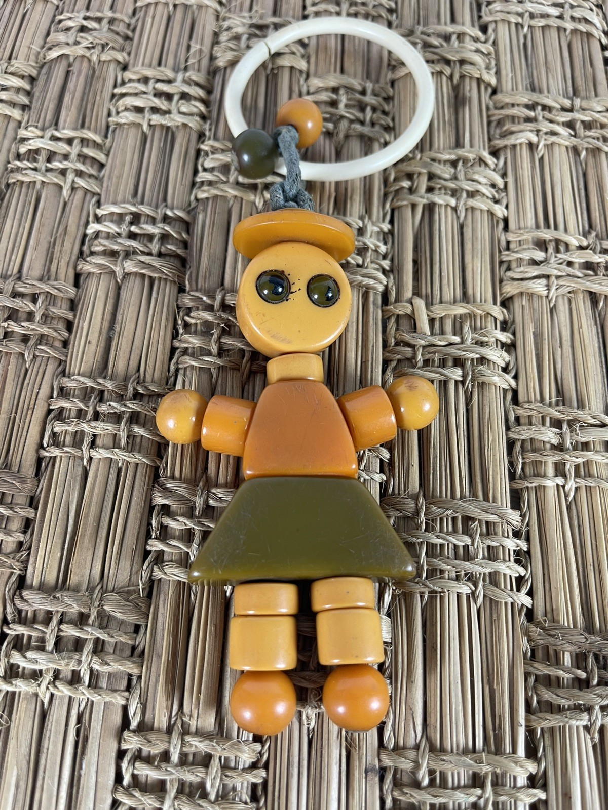 Vintage 1930s-40s Bakelite Tykie Toy Crib Doll 4” Butterscotch Green MCM