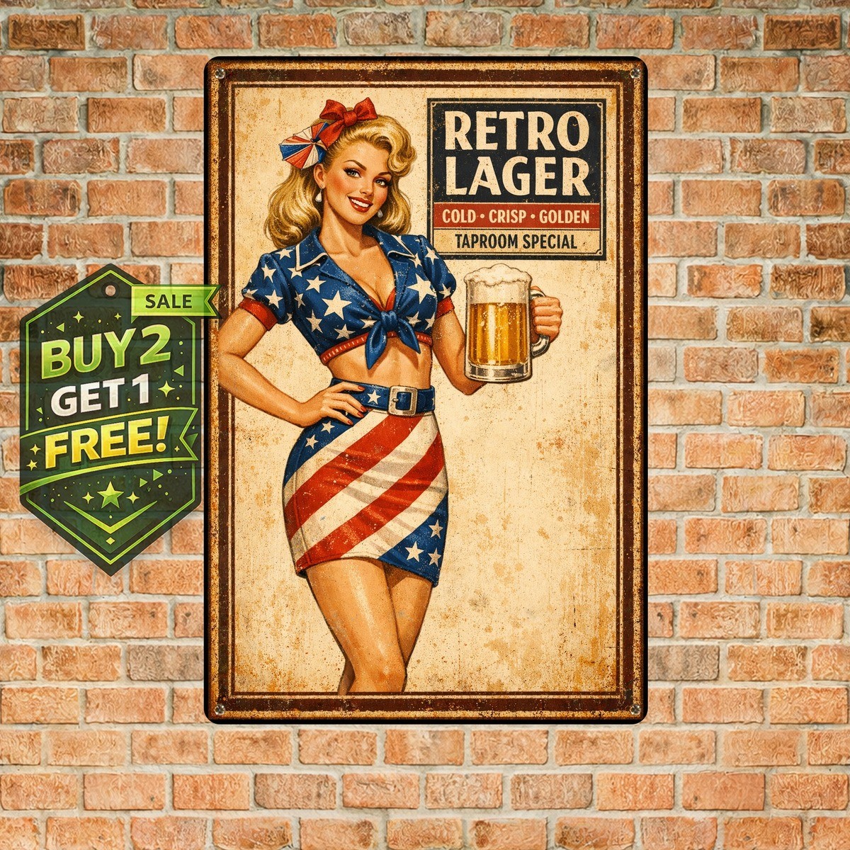Patriotic Americana Retro Beer Ad Art Pinup Girl Metal Sign 8x12