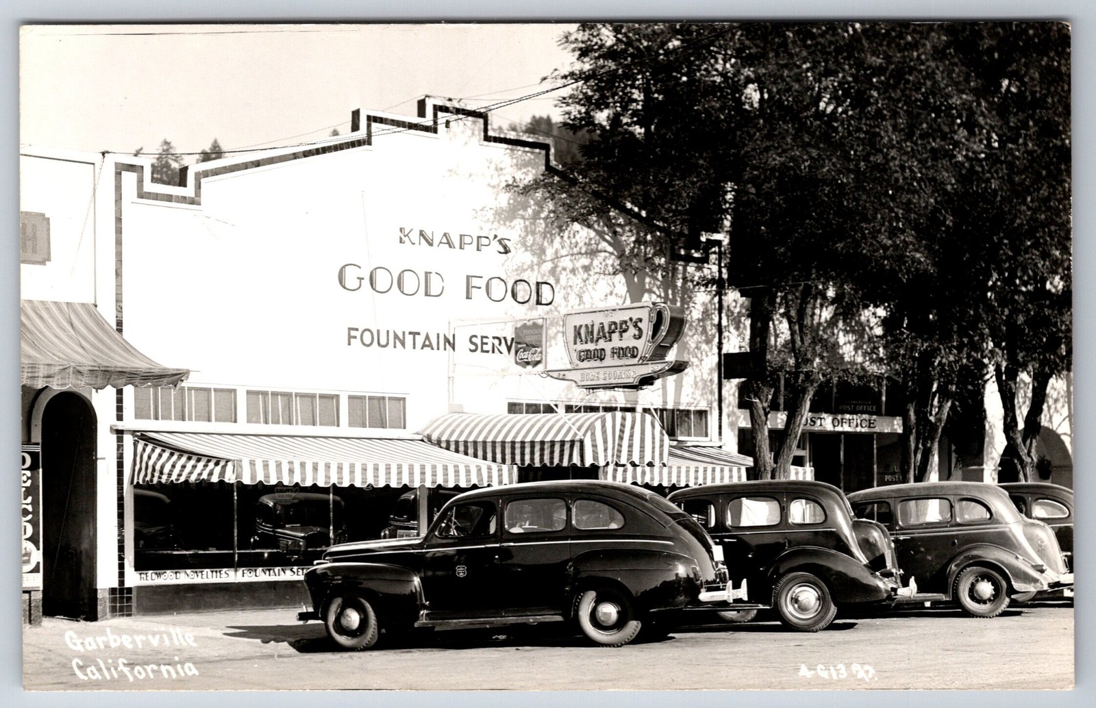 Garberville CA~Knapp's Good Food Restaurant~Fountain~Neon Sign~1930s Cars~RPPC Garberville CA~Knapp's Good Food Restaurant~Fountain~Neon Sign~1930s Cars~RPPC