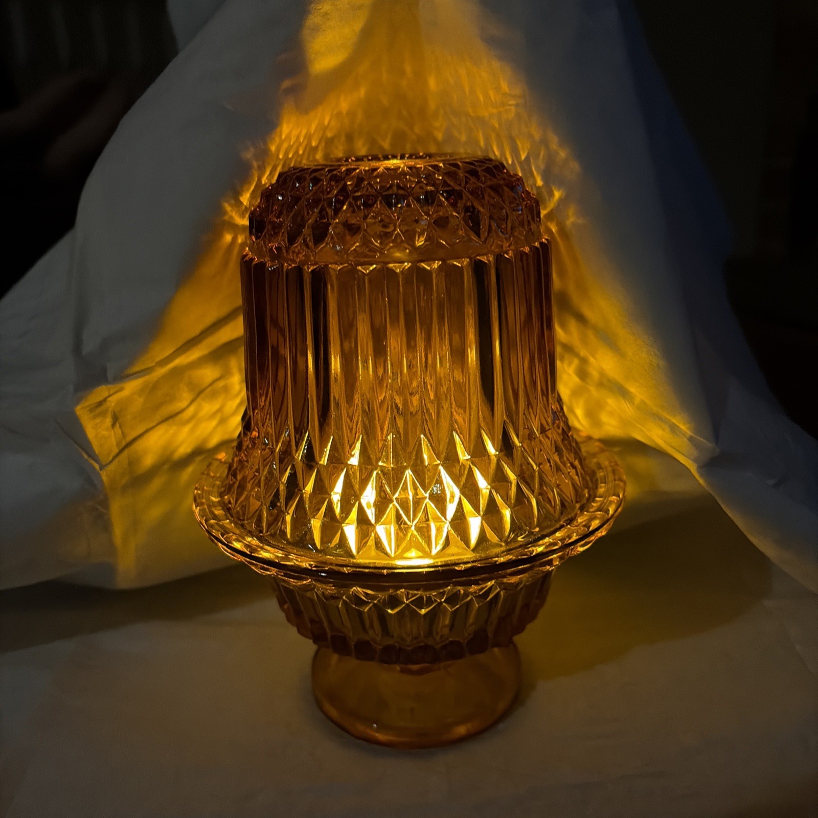 Vintage Indiana Glass Amber “Diamond Point” Fairy Lamp Light