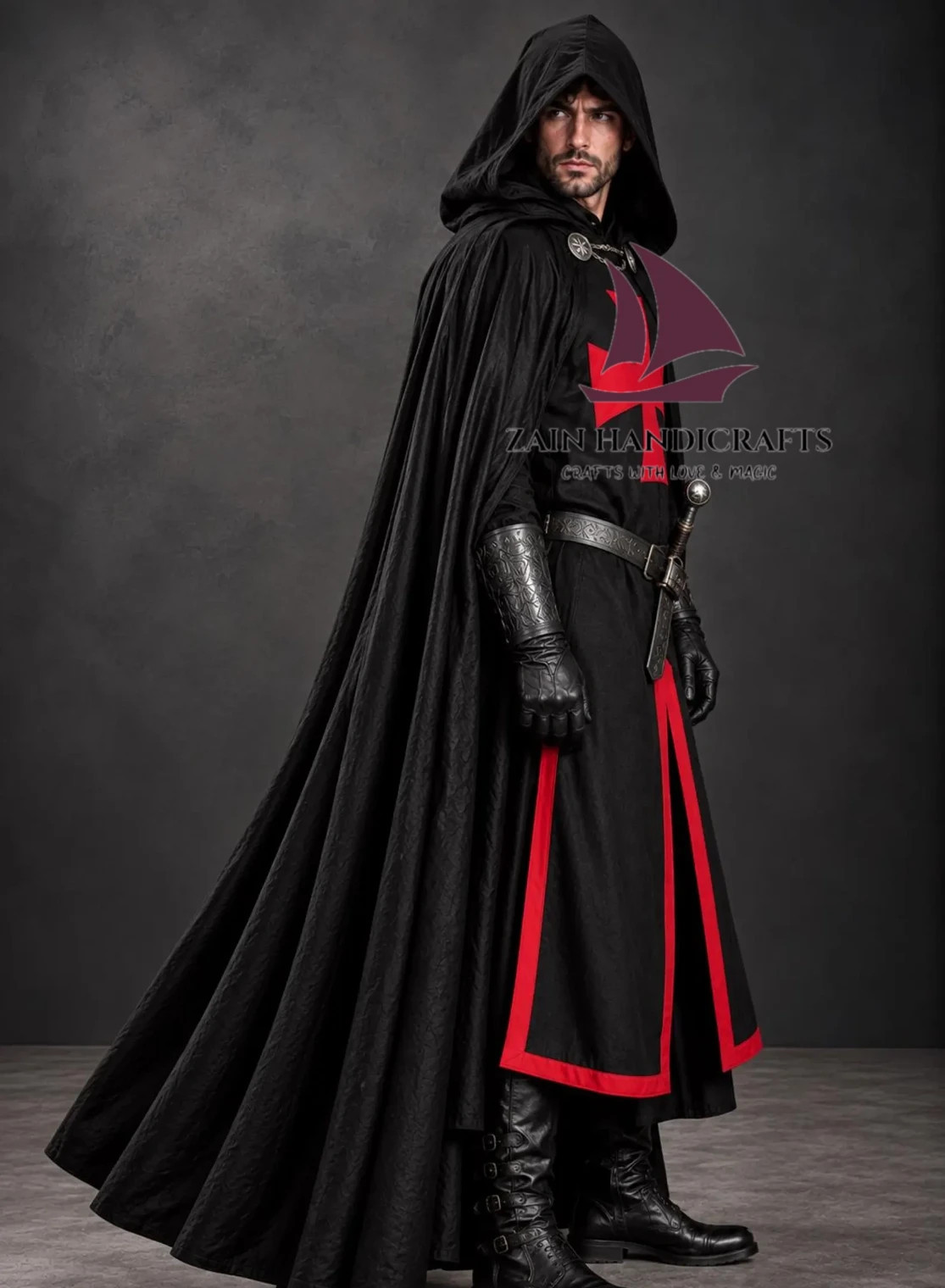 ZAIN Medieval Templar Costume Black Crusader Tunic W/Red Cross & Hooked Cloak
