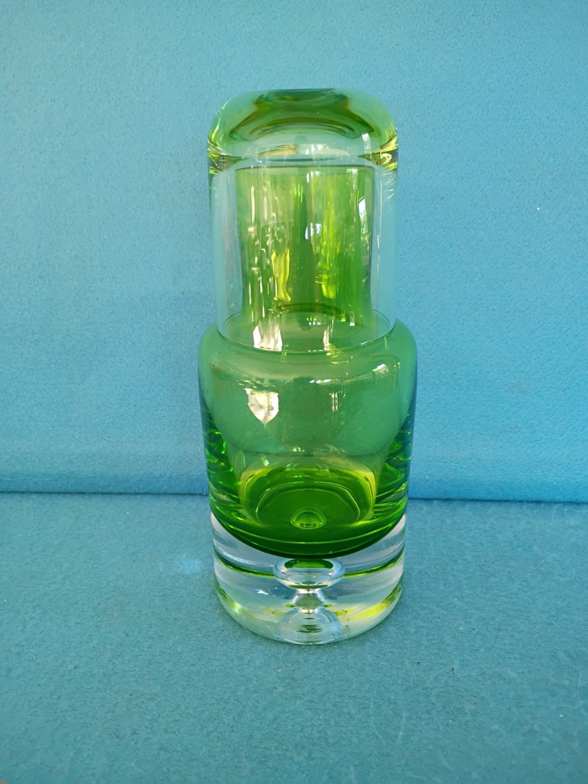 Vintage Krosno Poland Green Glass Bedside Water Carafe Tumble Up Bubble Base