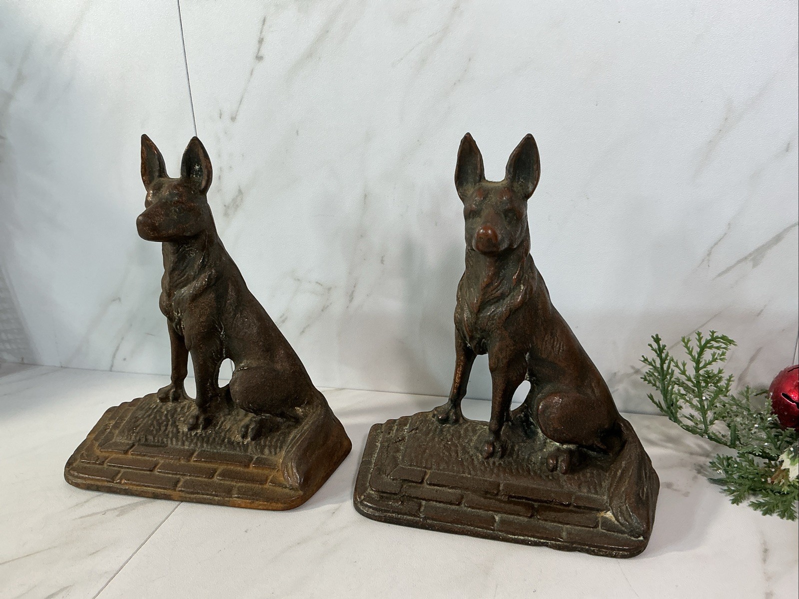 Antique Bronzed Cast Iron German Shepherd Belgian Malinois Book Ends Statue~6” T