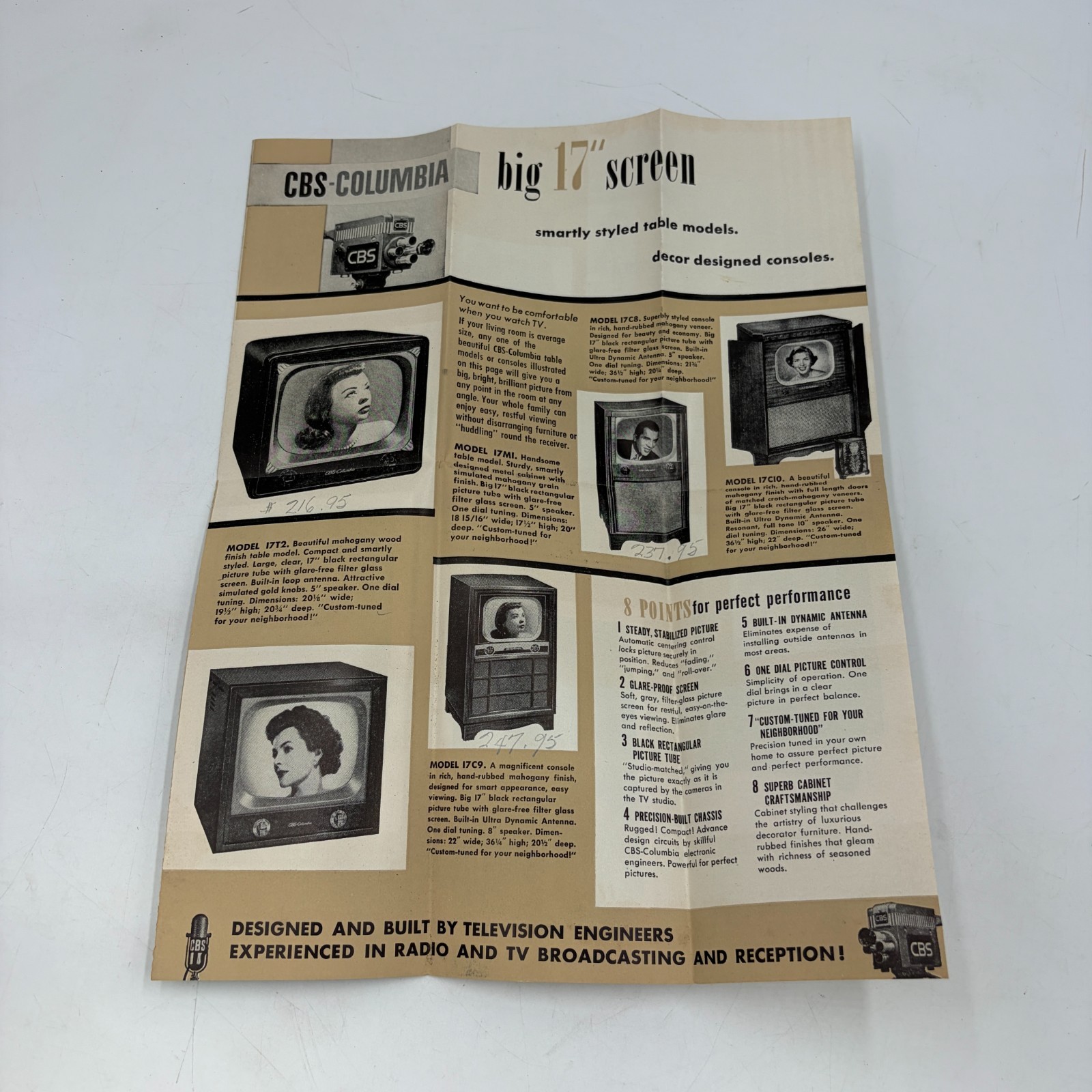 1952 CBS-Columbia Television Sales Brochure Foldout 17 20 Inch TV Radio