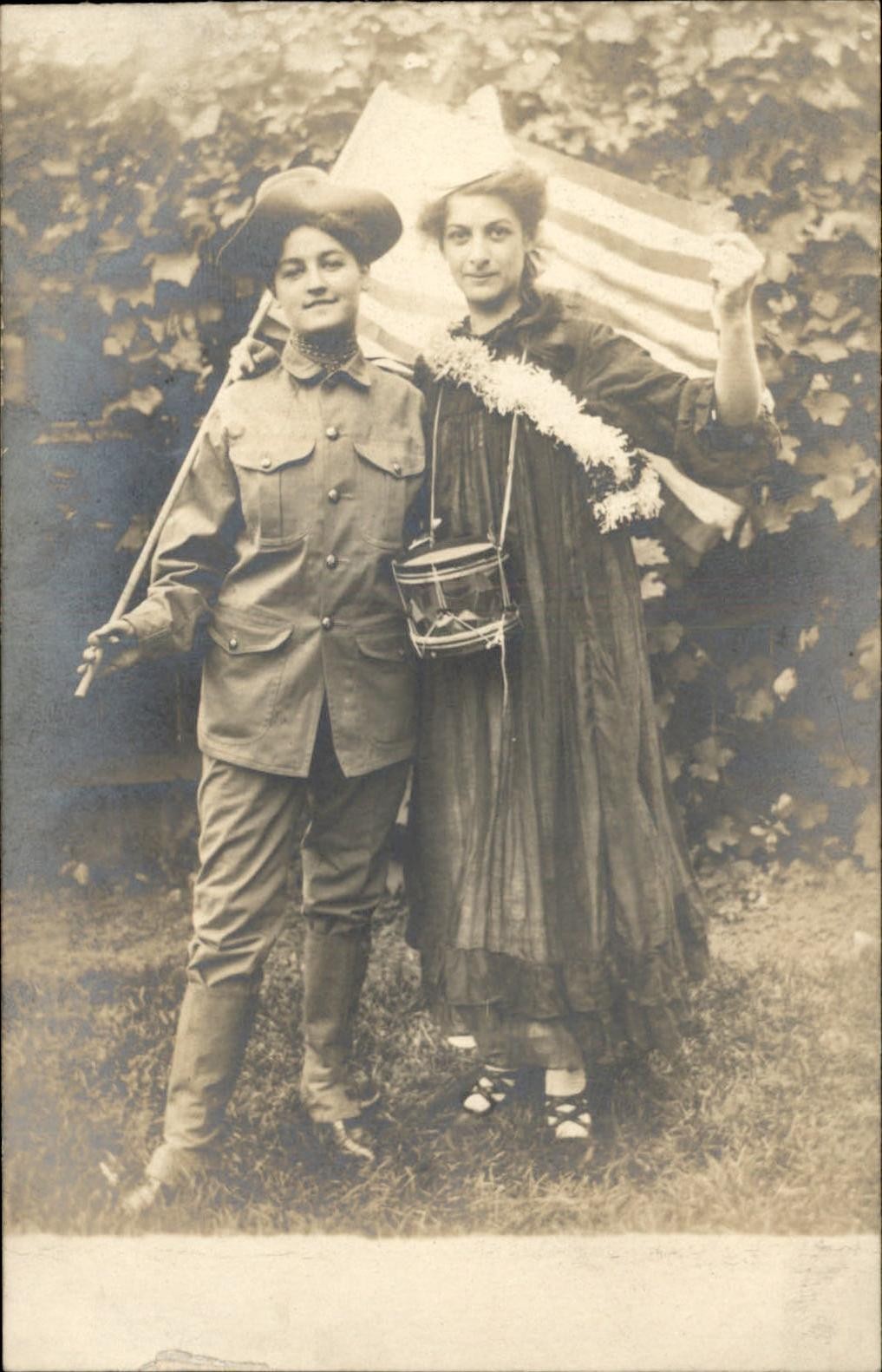 Pretty Women Soldier Volunteers? Crossdressing American Flag c1910s RPPC bhn