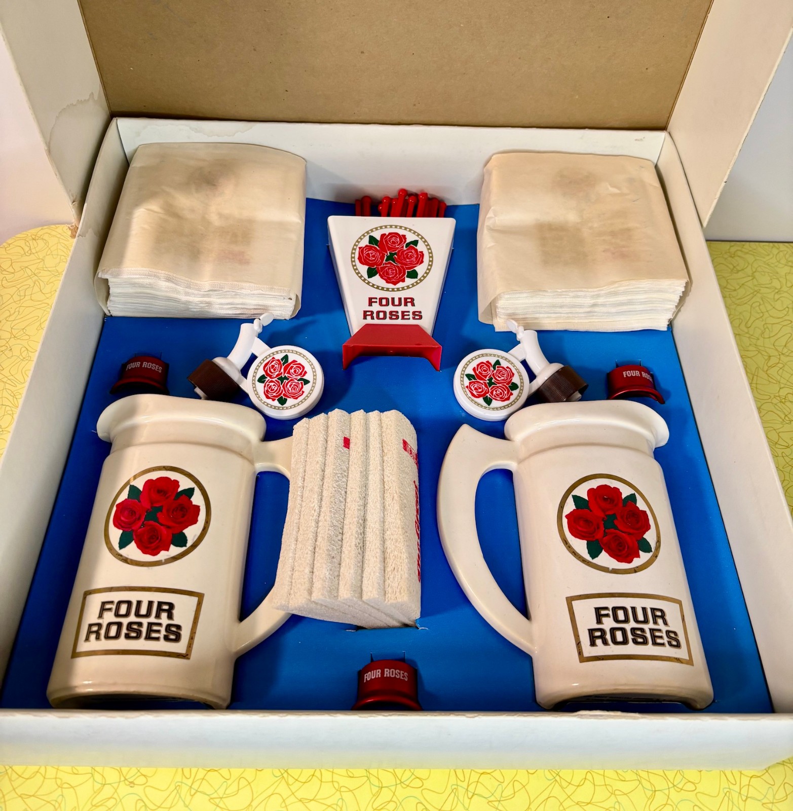 Vintage Four Roses Whiskey Bar Kit Boxed Set Mugs Tray Napkins Swizzle Sticks