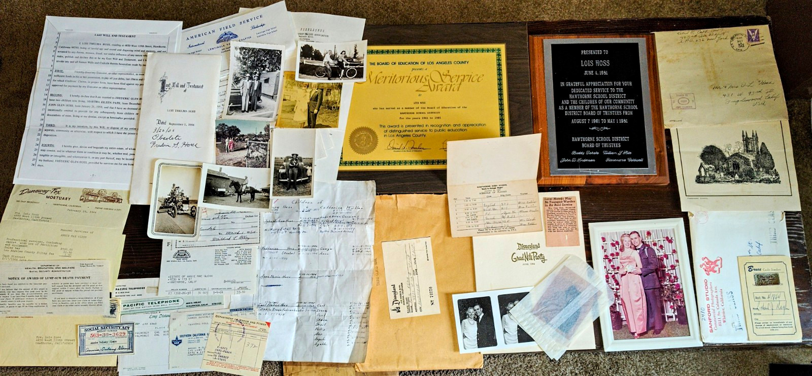 Vintage 1924-1994 Hawthorne CA Family Estate Archive Disneyland Plaque Will Lot