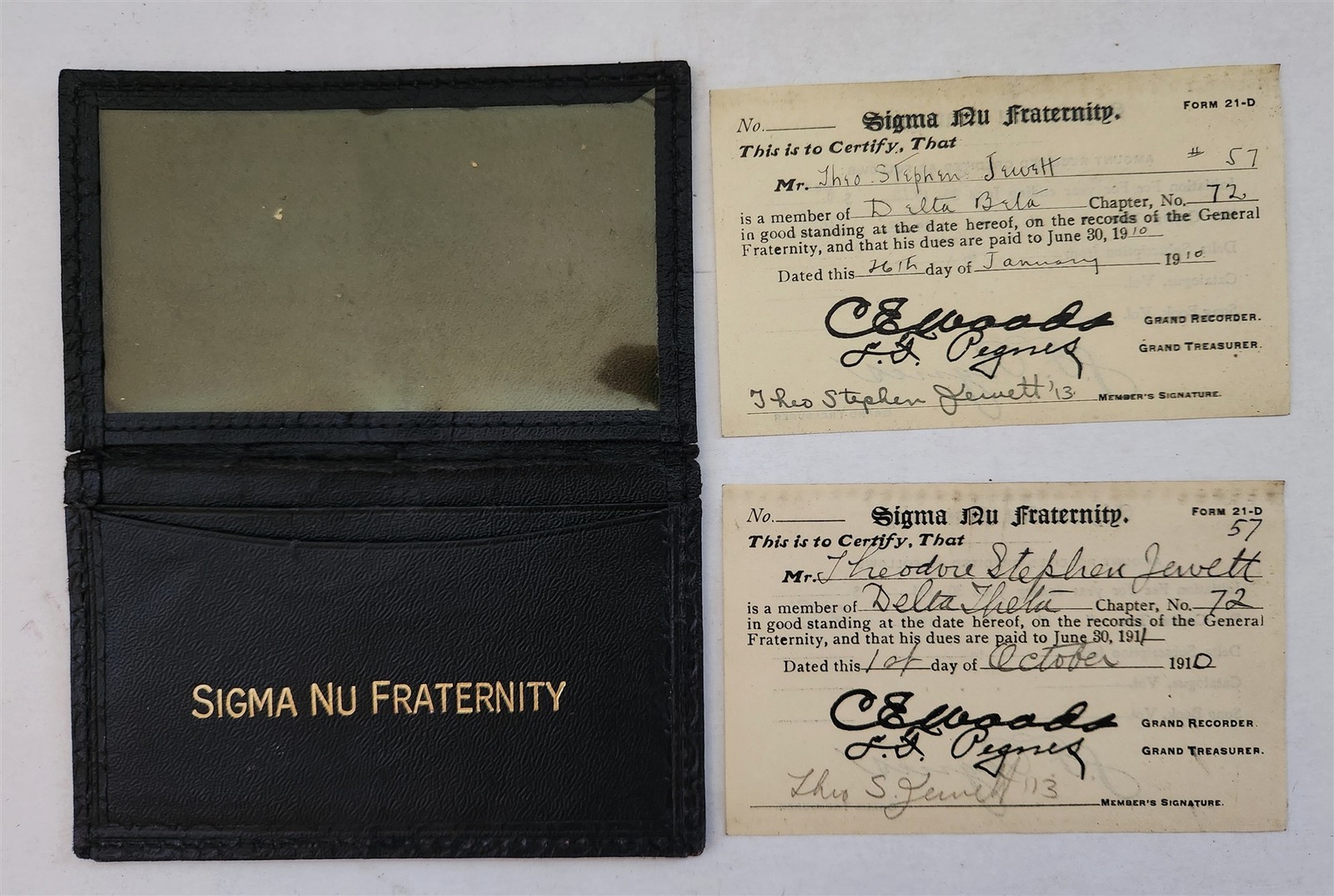 1910 antique THEO STEPHEN JEWETT dartmouth college SIGMA NU FRATERNITY 2 CARDS