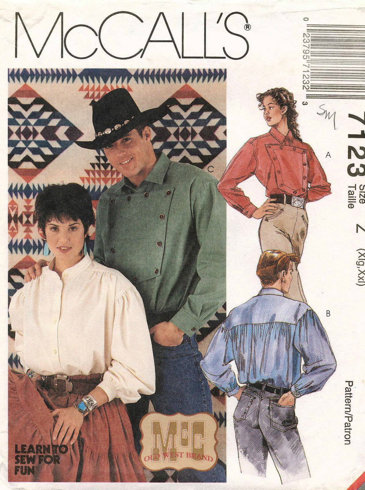 1990\'s VTG McCall\'s Men\'s and Misses\' Western Shirts Pattern 7123 XL,XXL UNCUT