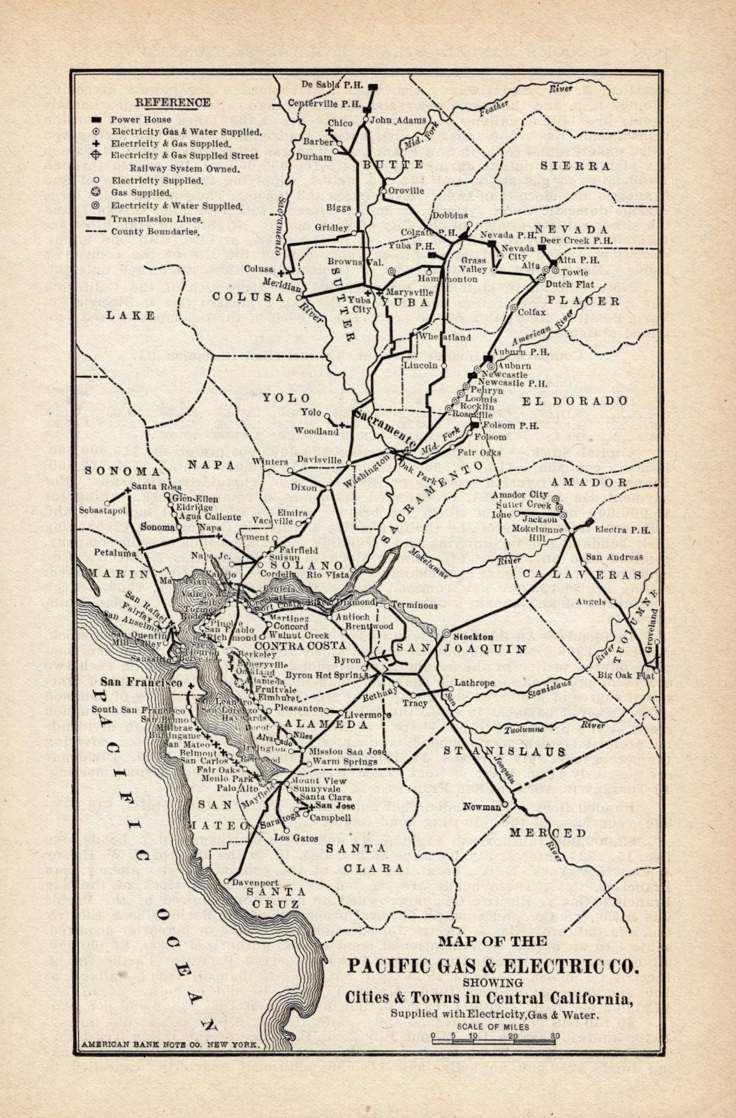 1910 Pacific Gas and Electric Co. Map California Gas Electric Water Map 3211