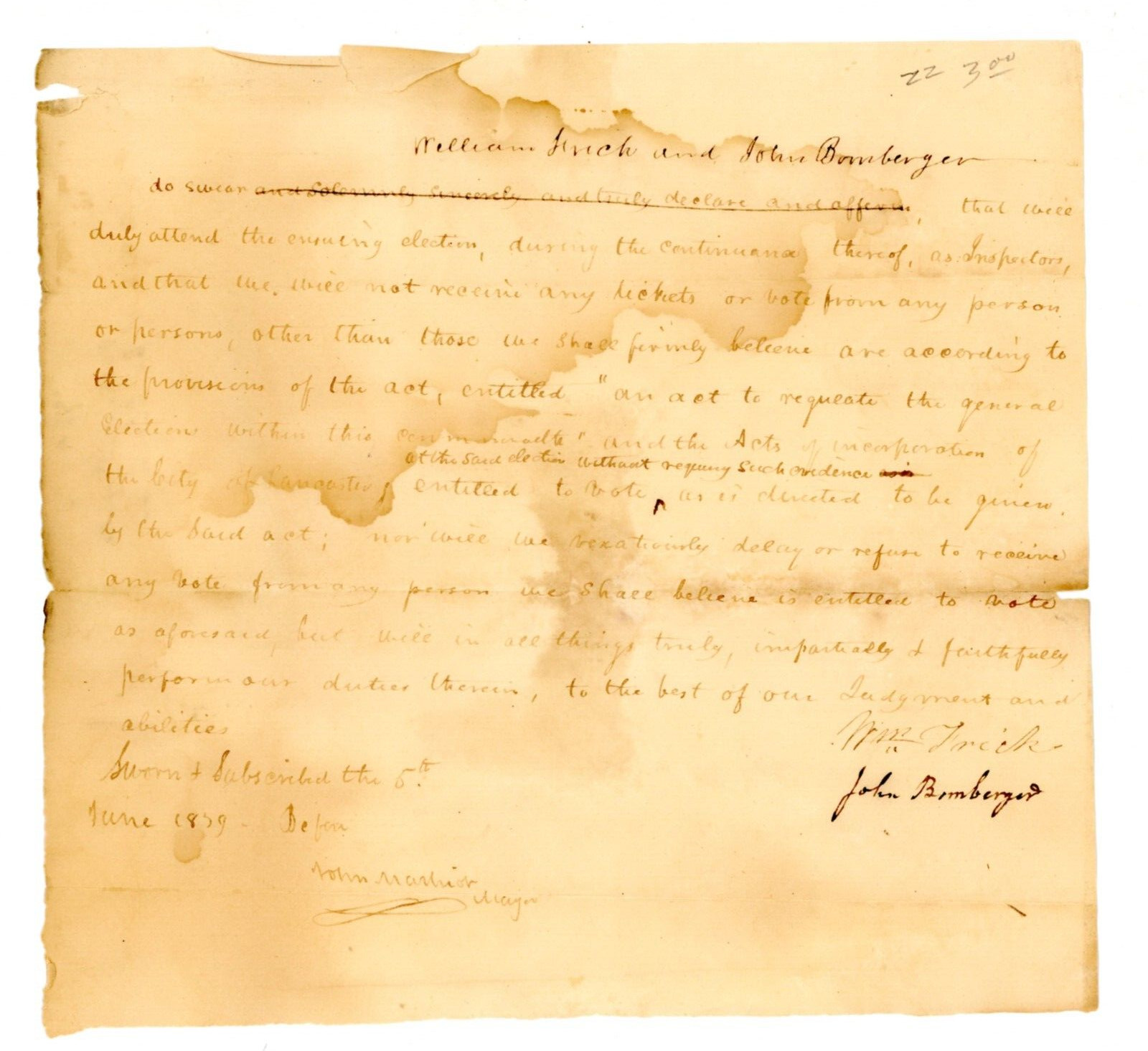 1839 Election Inspectors Oath Manuscript Signed Finch Bomberger Early Voting Law 1839 Election Inspectors Oath Manuscript Signed Finch Bomberger Early Voting Law