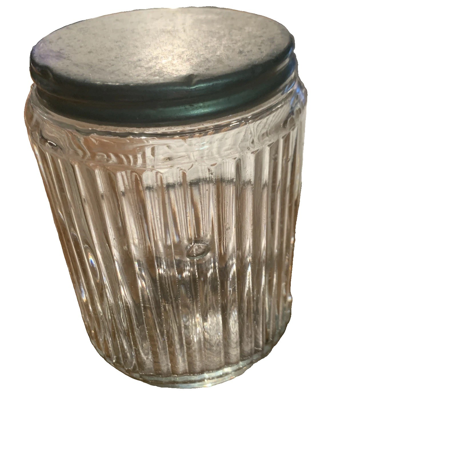 Vintage Hoosier Glass Embossed Tea Jar with Aluminum Lid