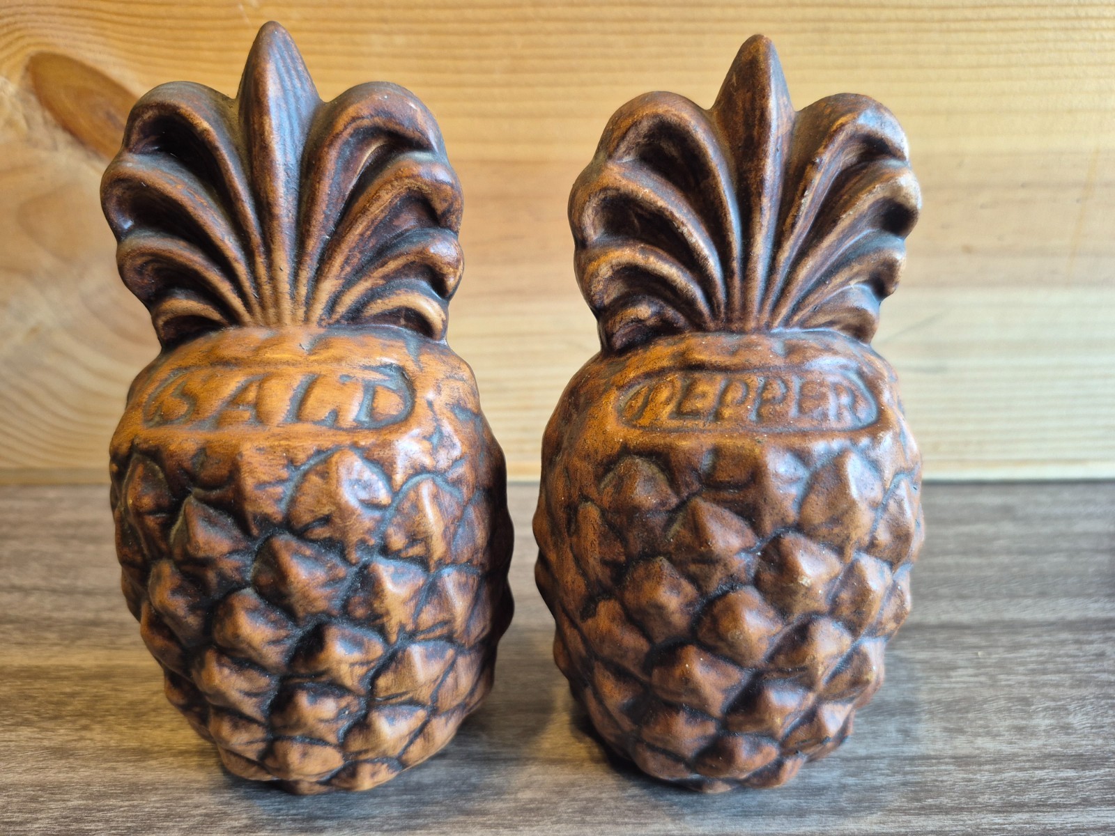 Vintage Large Ceramic Pineapple Salt Pepper Shakers Brown Made In Hawaii 6”