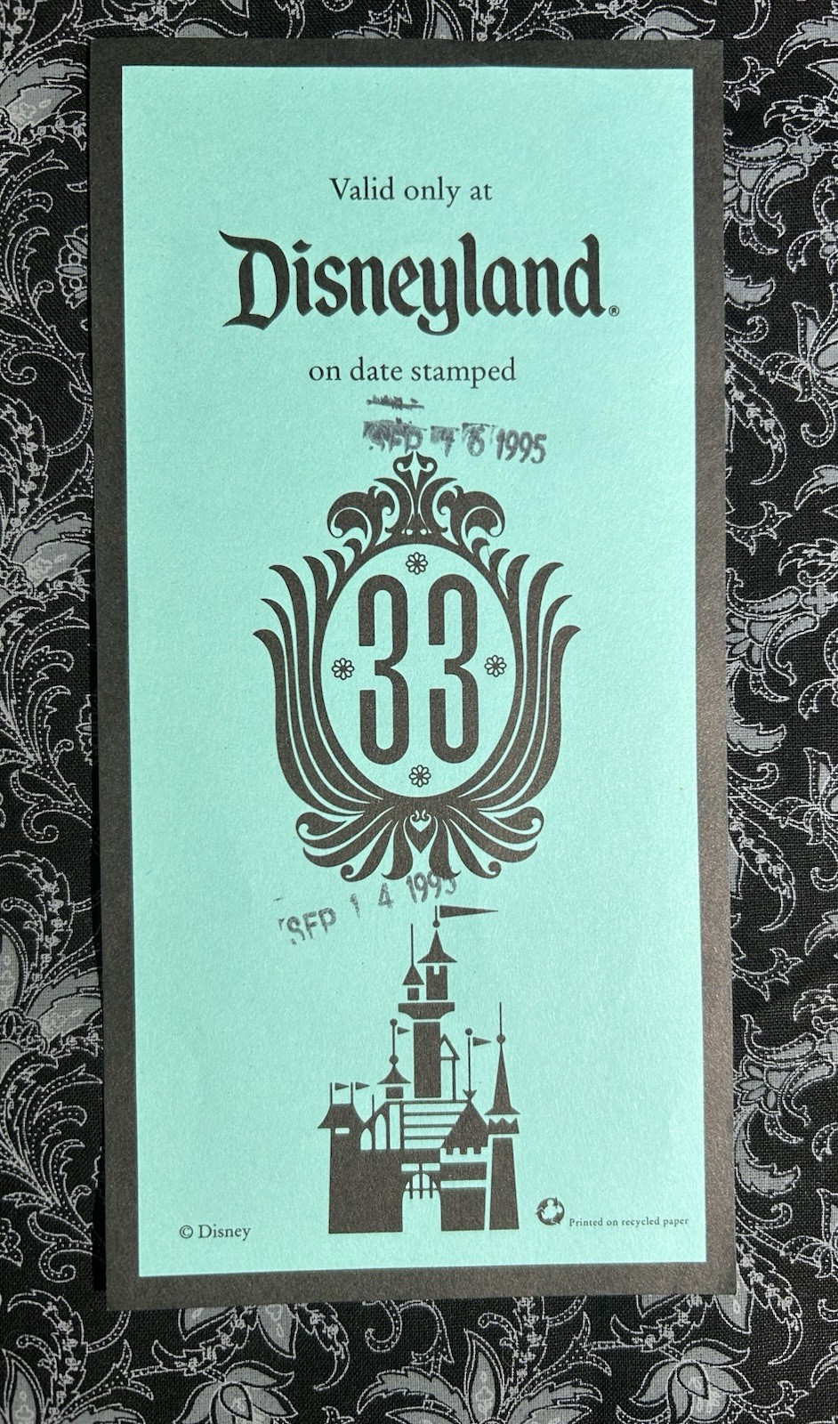 Disneyland Club 33 Parking Pass for September 14, 1995 Private Dining Club