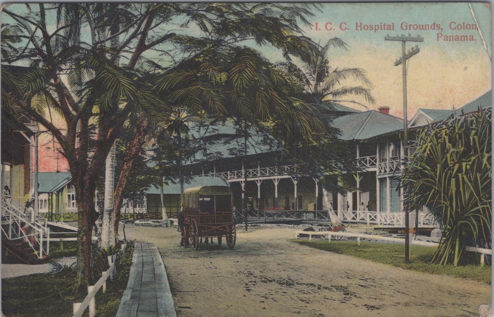 ICC Hospital Grounds Colon Panama Canal Zone Horse Carriage Wagon 1910s Postcard