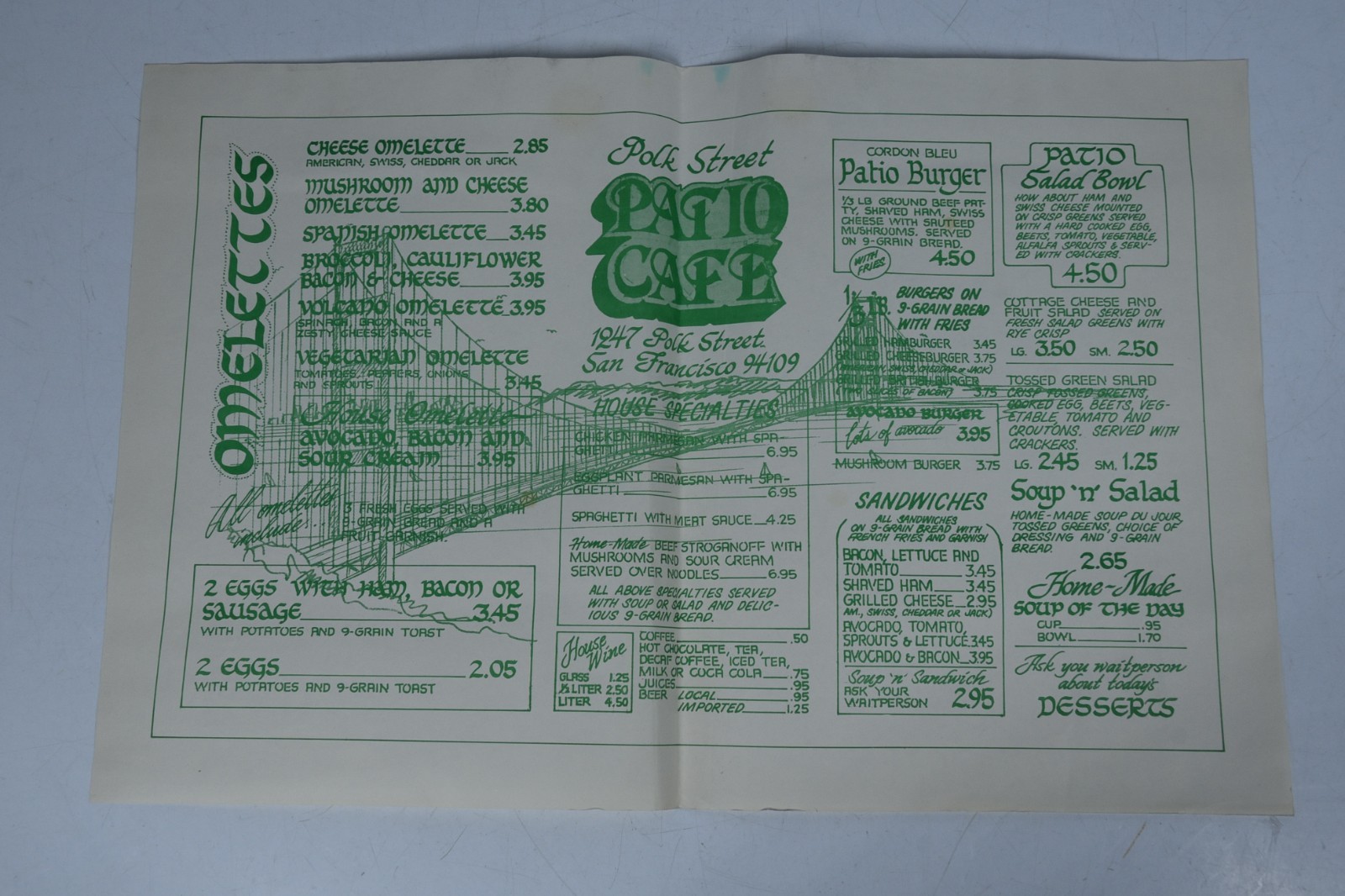 Vintage Patio Cafe Restaurant Menu Polk Street San Francisco Retro 1980s