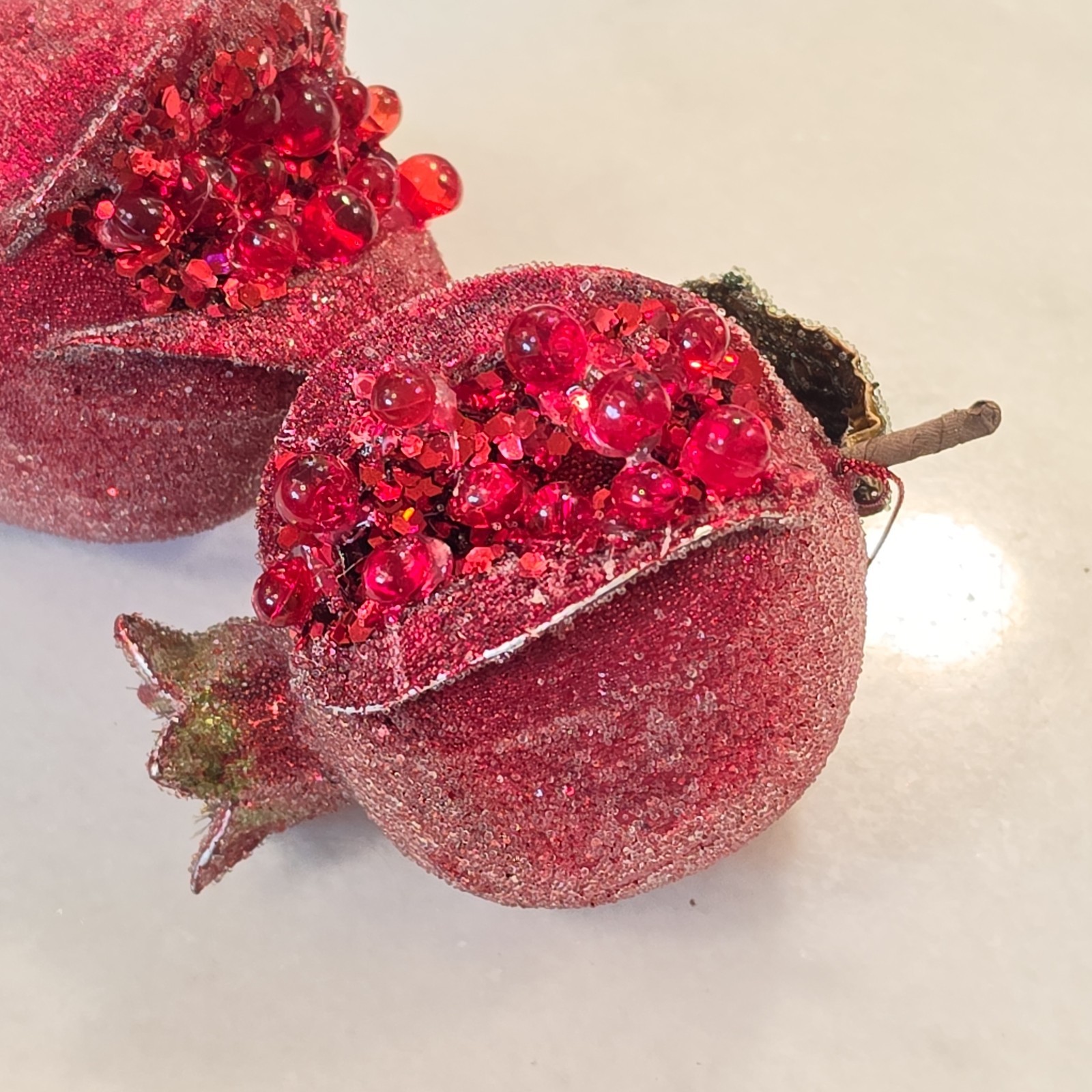 VTG Sugared Jeweled Pomegranate Spilt Open Sparkle Inside Ornament Set of 2 NEW