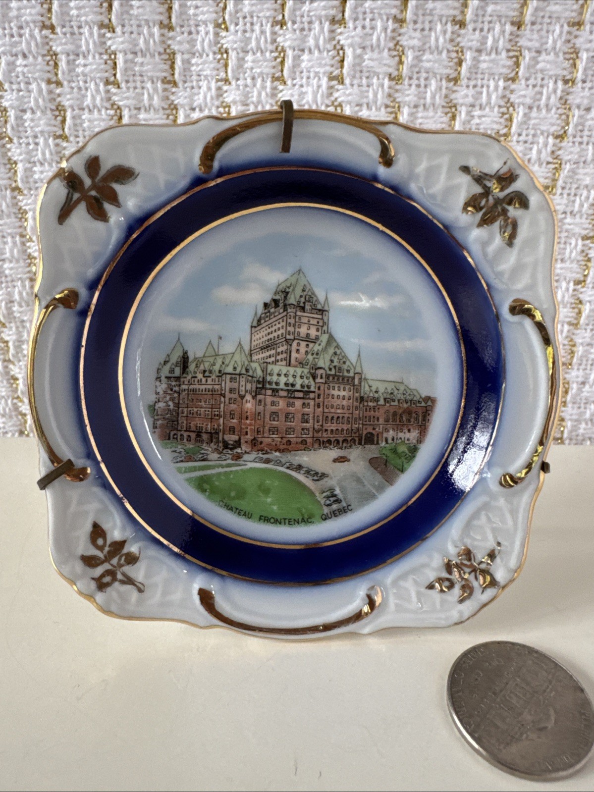 Vtg Chateau Frontenac, Quebec Miniature Dish Square Blue White Germany 3.25”