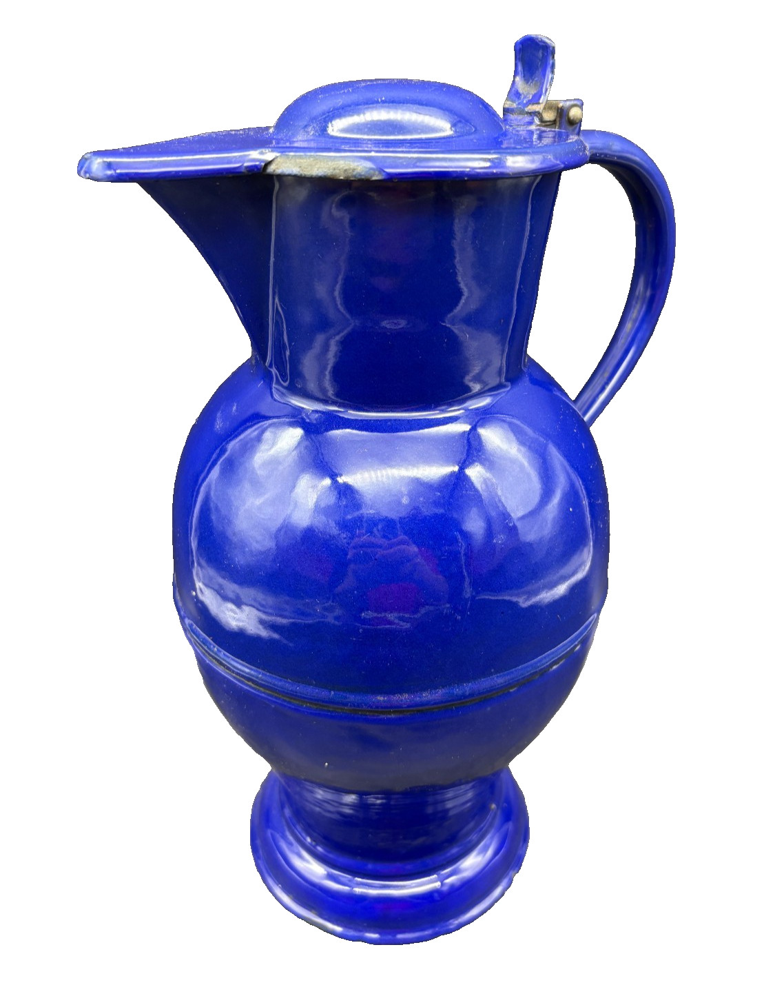 Vintage Blue Enamel Pitcher Jug with Hinged Lid 11\