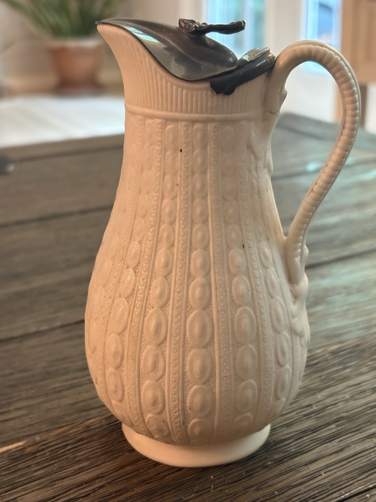 Antique Victorian Era Parian Stoneware Syrup Pitcher w/ Pewter Lid 6 1/8\