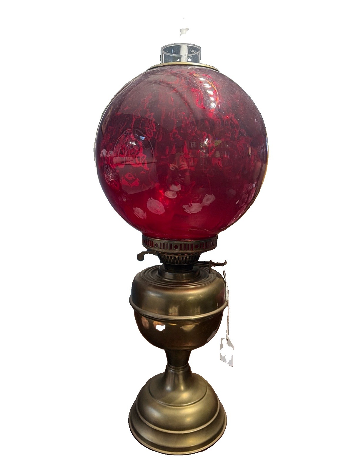 Antique Cranberry Oil Lamp-Duplex Made In England Brass Base Optic Dot Shade Antique Cranberry Oil Lamp-Duplex Made In England Brass Base Optic Dot Shade