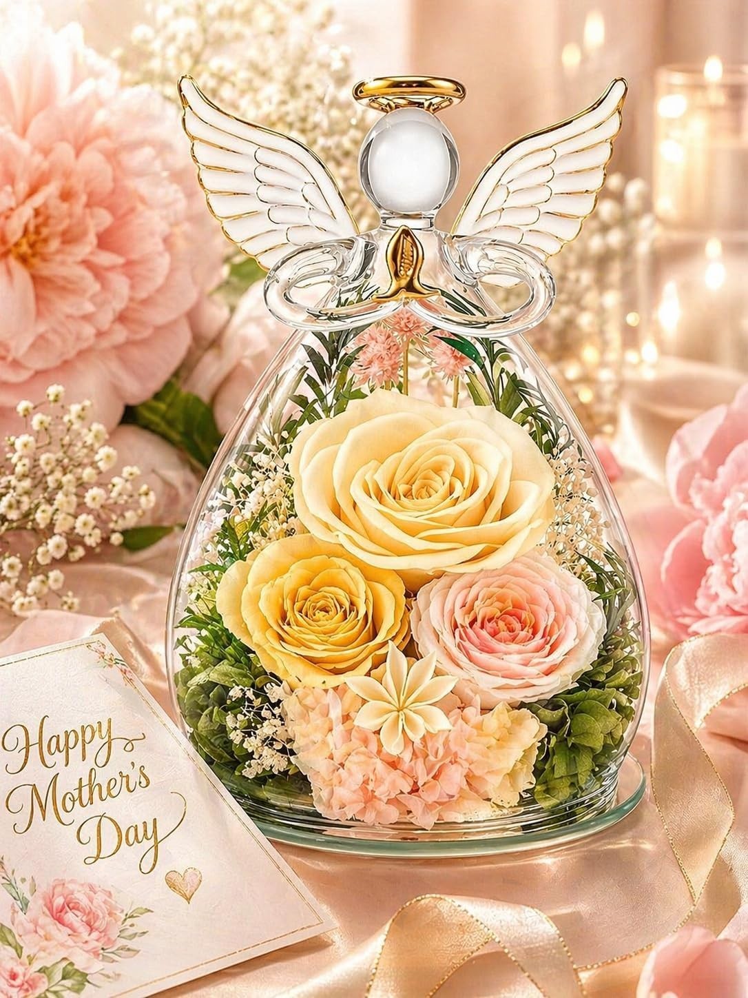 Preserved Rose in Glass Angel Figurine, Mothers Day Gifts for Mom/Wife/Grandma,