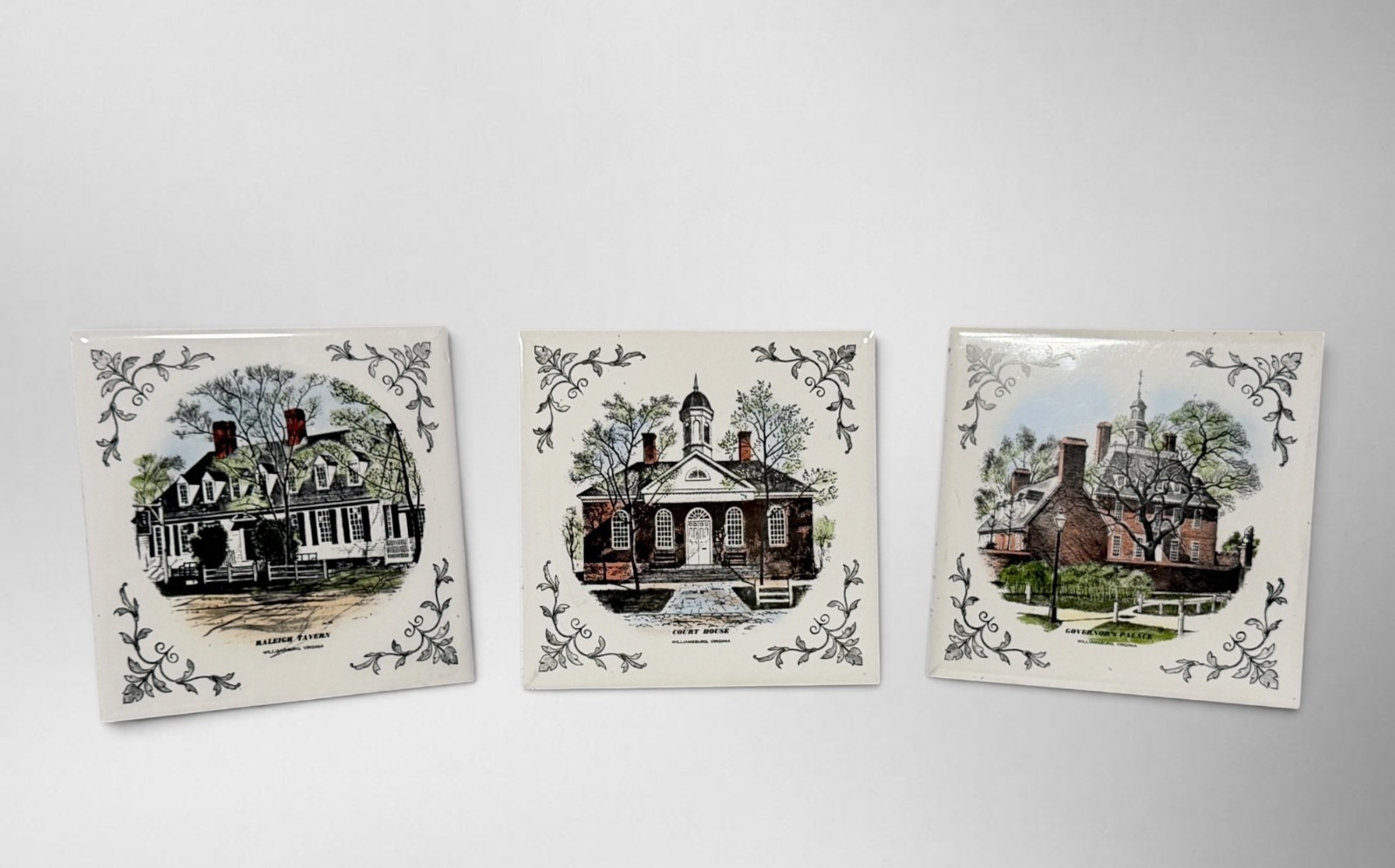 Vintage Colonial Williamsburg Tiles H&R Johnson England Set 3 Wall Plaques