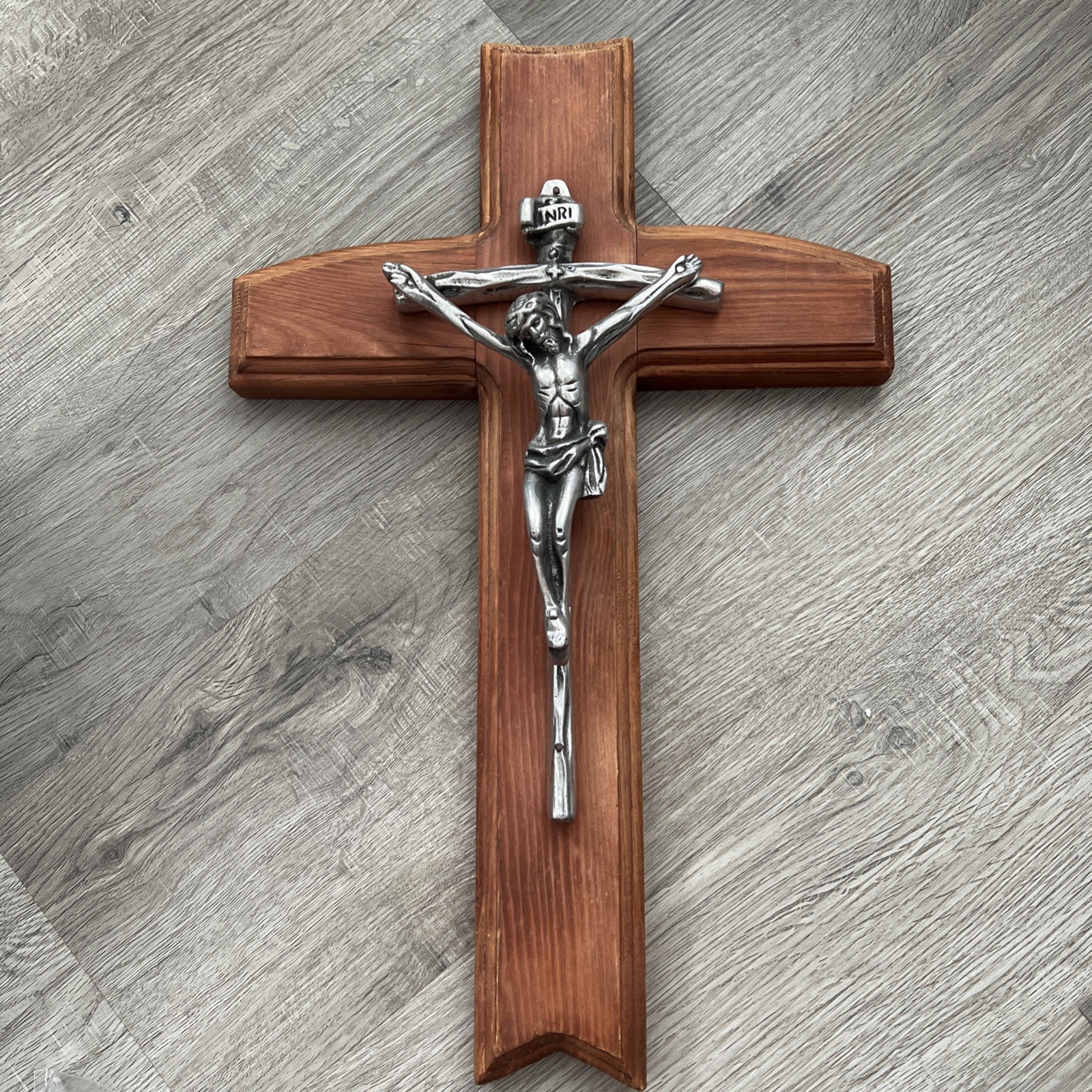 Vintage Out Of A Church Jesus Christ Cross Crucifix 18” tall 11” Wide Wood Metal