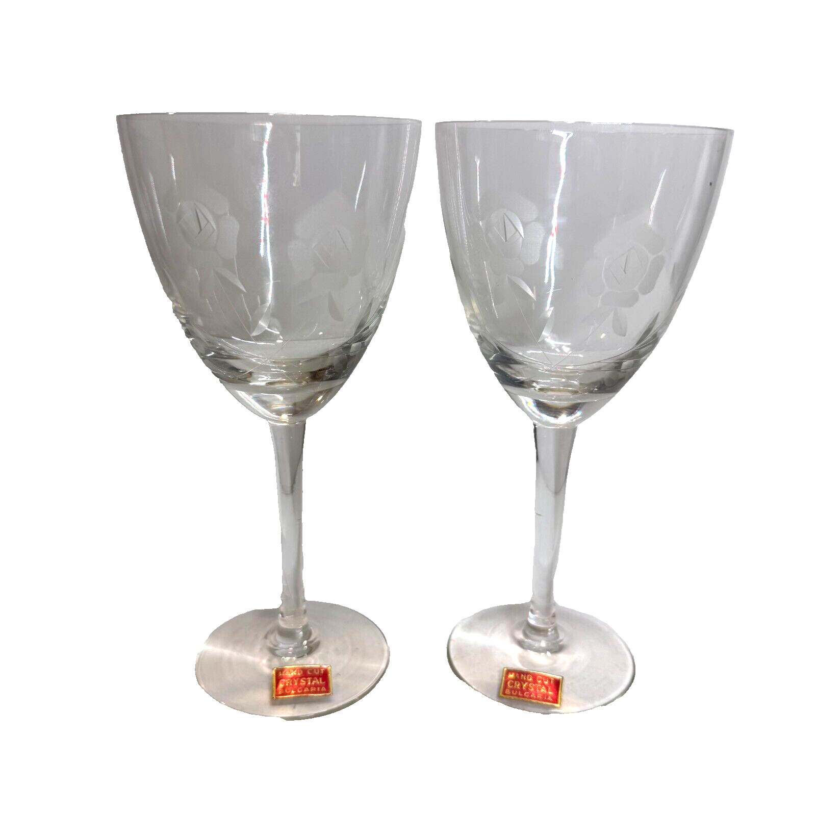 Fine Vintage Long Stemed Wine Glasses From Bulgaria HandCut Crystal Etched Rose