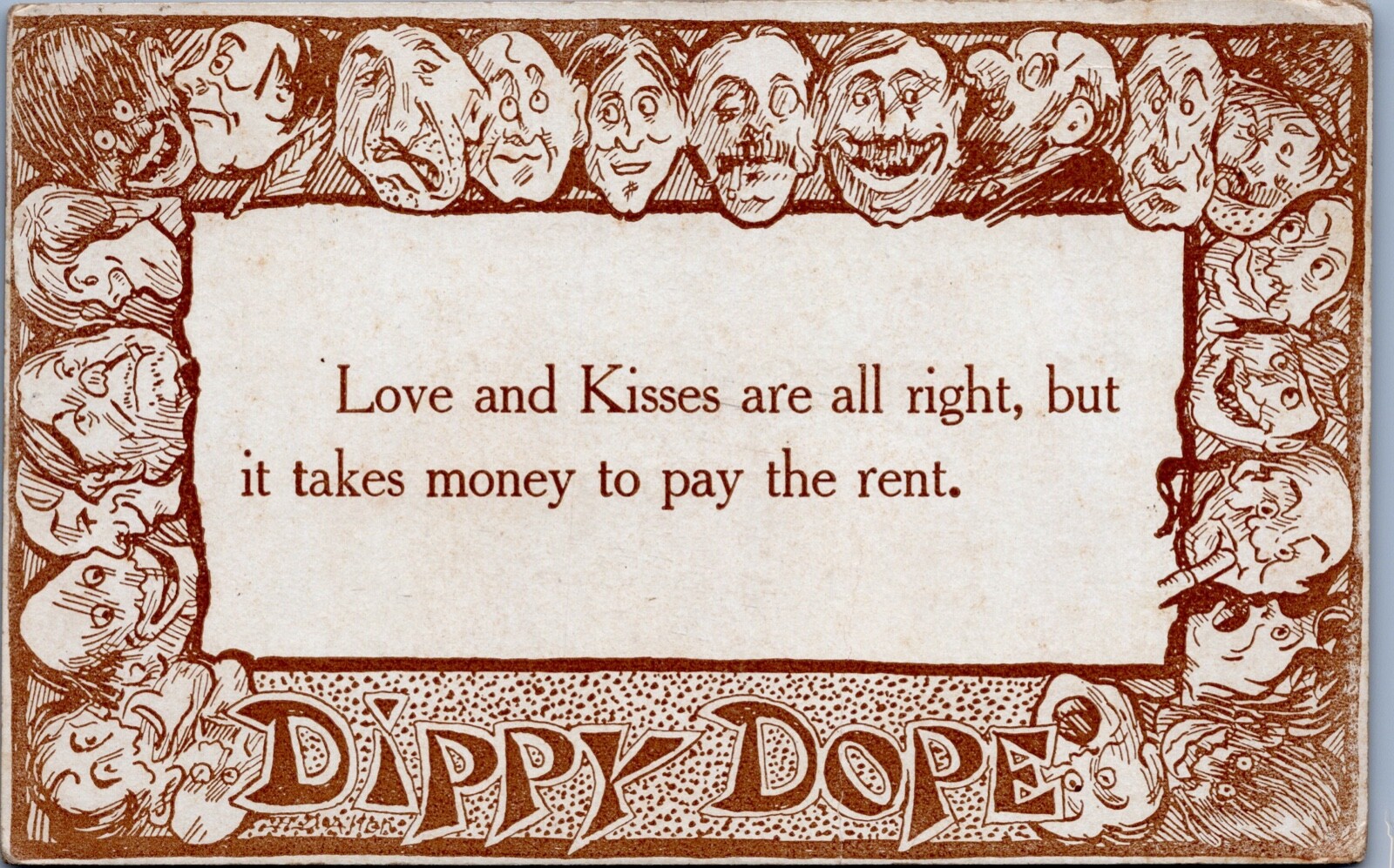 Postcard 1910  Weird Comic Faces Dippy Dope Kisses are All Right