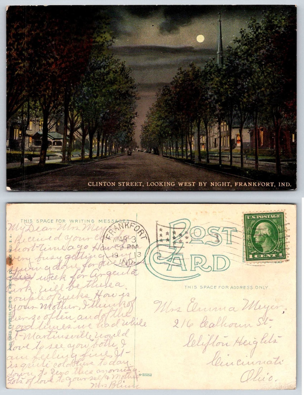 Frankfort Indiana Clinton Street Looking West by Night Moonlight Postcard AY301