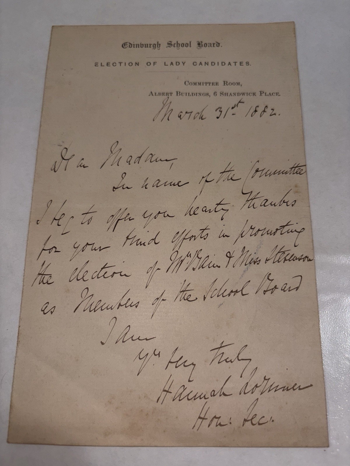 LETTER FLORA STEVENSON 1882 - EDINBURGH SCHOOL BOARD THANKYOU
