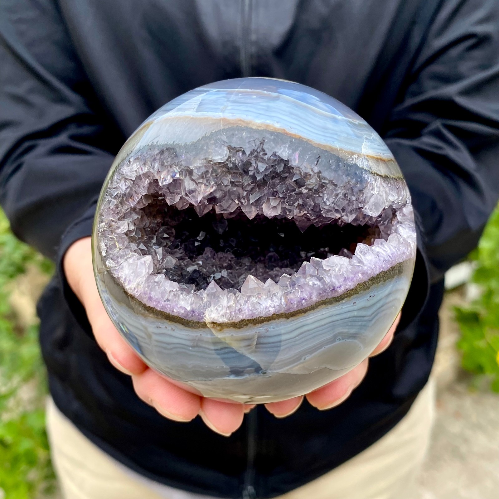 1.71LB Natural Open Smile Agate Amethyst Sphere Healing Wealth Collectible Cryst