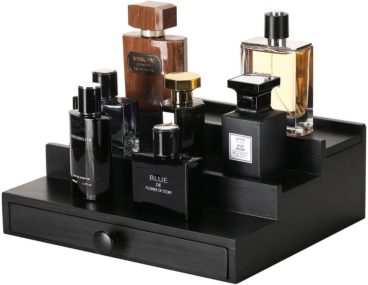 3 Tier Men\'s Cologne Organizer, Black Wooden Display Stand with Drawer Tiered