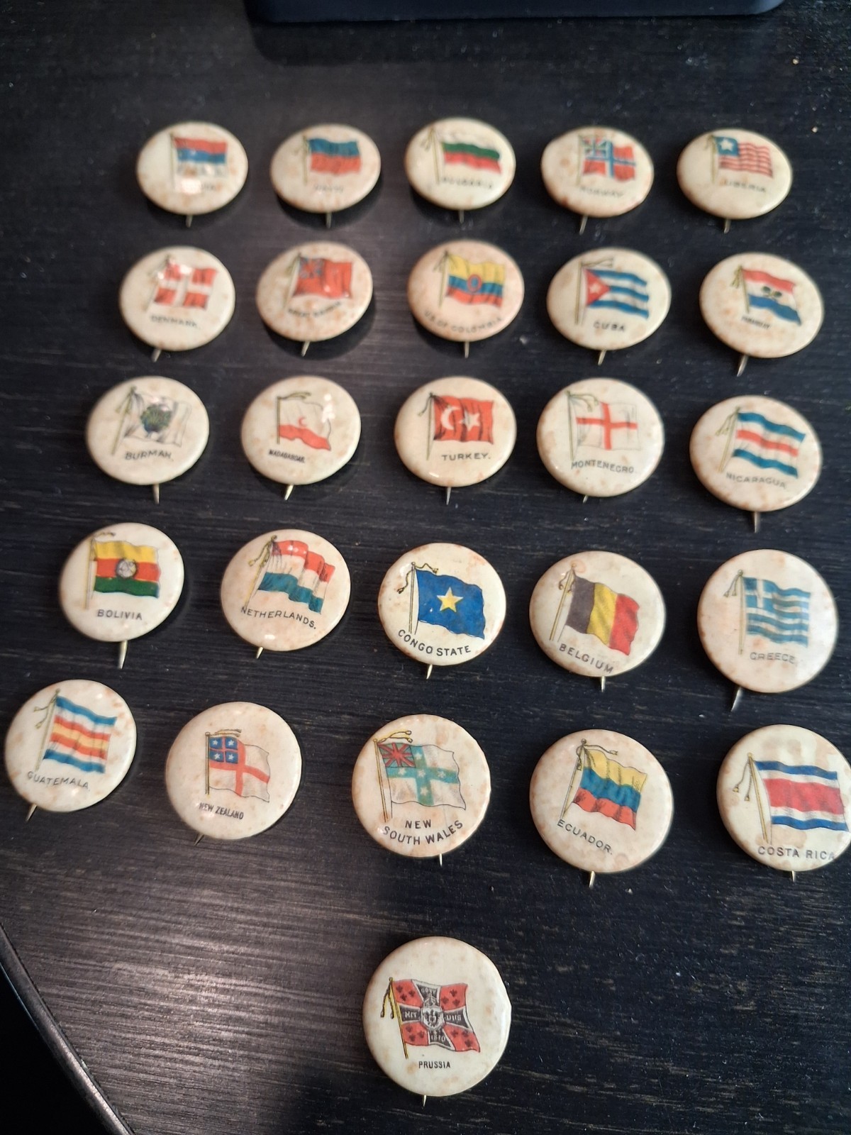 26 1896 SWEET CAPORAL CIGARETTES pins Of various National Flags 26 1896 SWEET CAPORAL CIGARETTES pins Of various National Flags