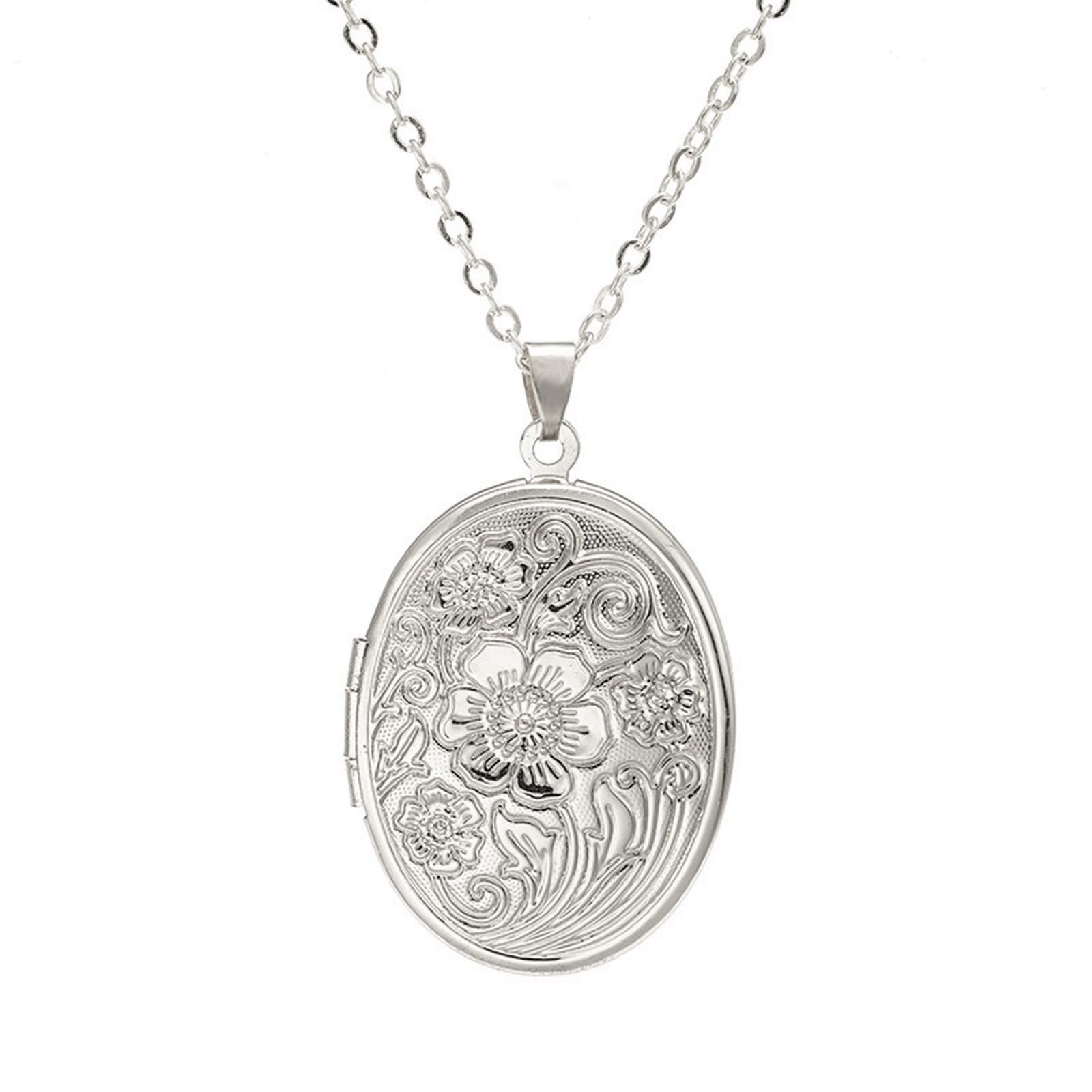 Caiyao Vintage Engraved Flower Empaistic Photo Locket Hold Picture Oval Round Pe