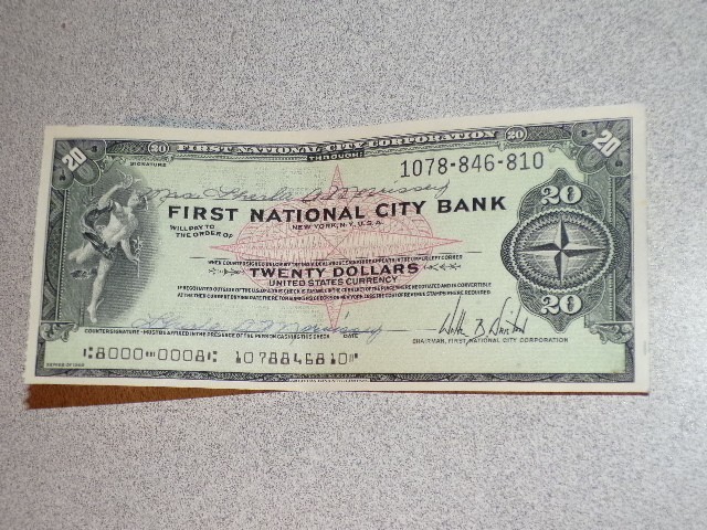 Vintage Traveler\'s Check First National City Bank Pre-Citibank $20 Ephemera
