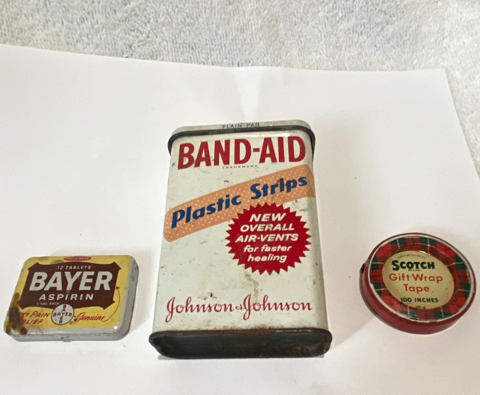 Vintage Metal Advertising Tin Lot Bayer Aspirin Band-Aid Johnson&Johnson Scotch