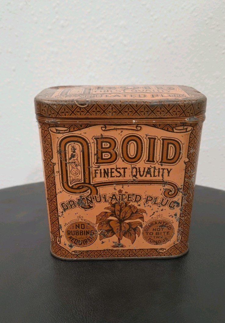 Antique QBOID Granulated Plug Tobacco Tin Box Larus Bro Canister Advertising Vtg