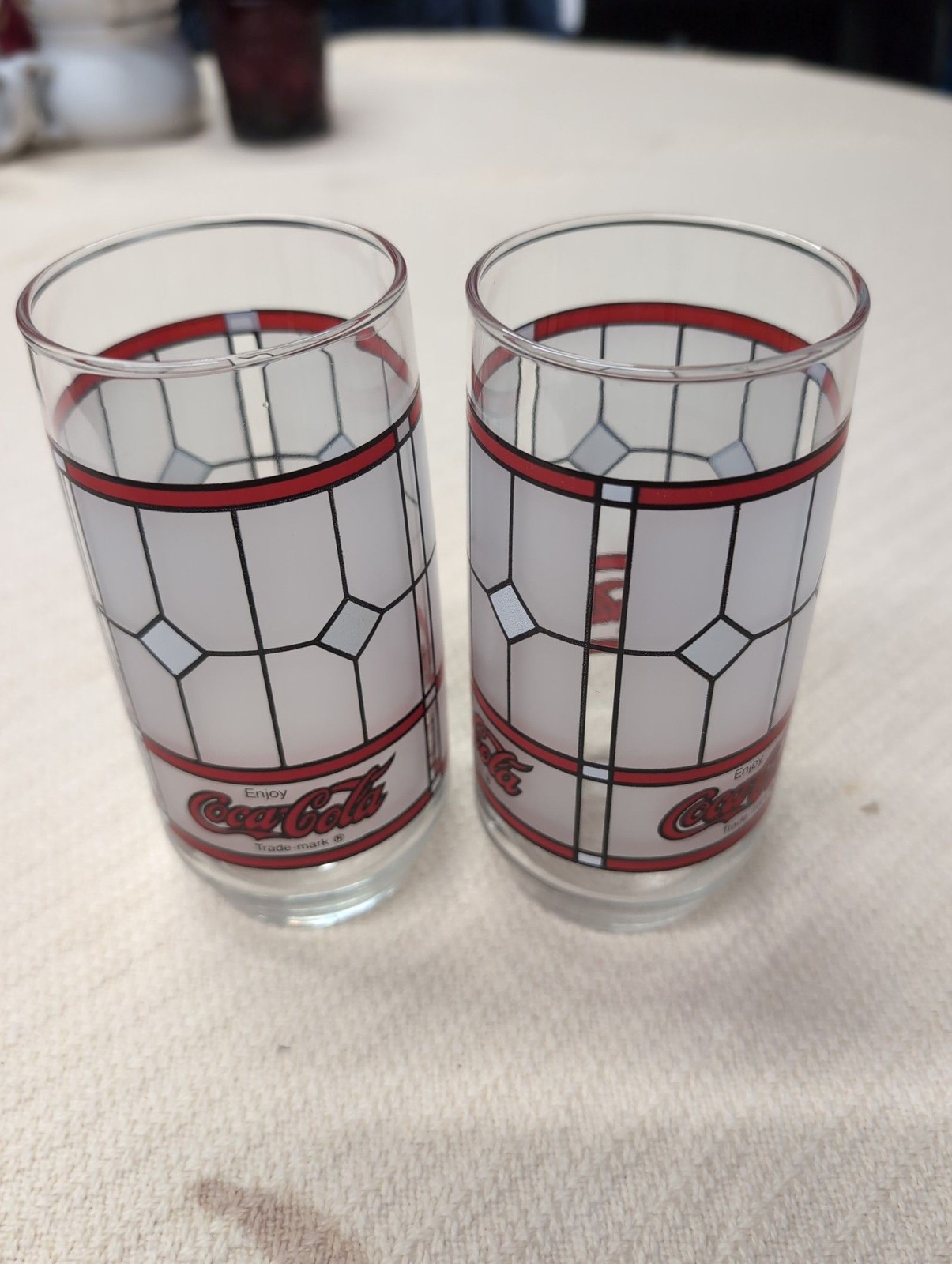 Coca Cola Frosted Stained Glass Tiffany Style Tumbler Glass Lot of 2 Vintage
