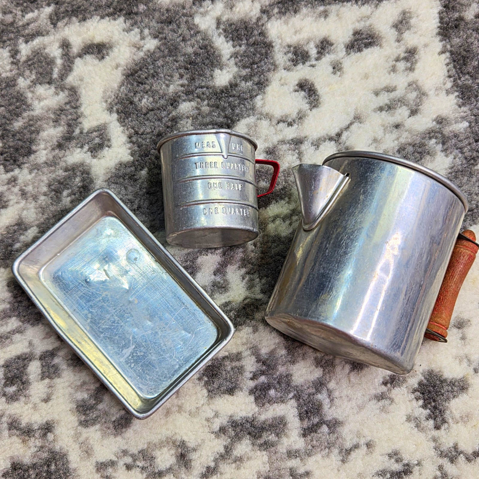Child's Vintage Metal Aluminum Random Set Measuring Cup Tea Pan Doll Cookware