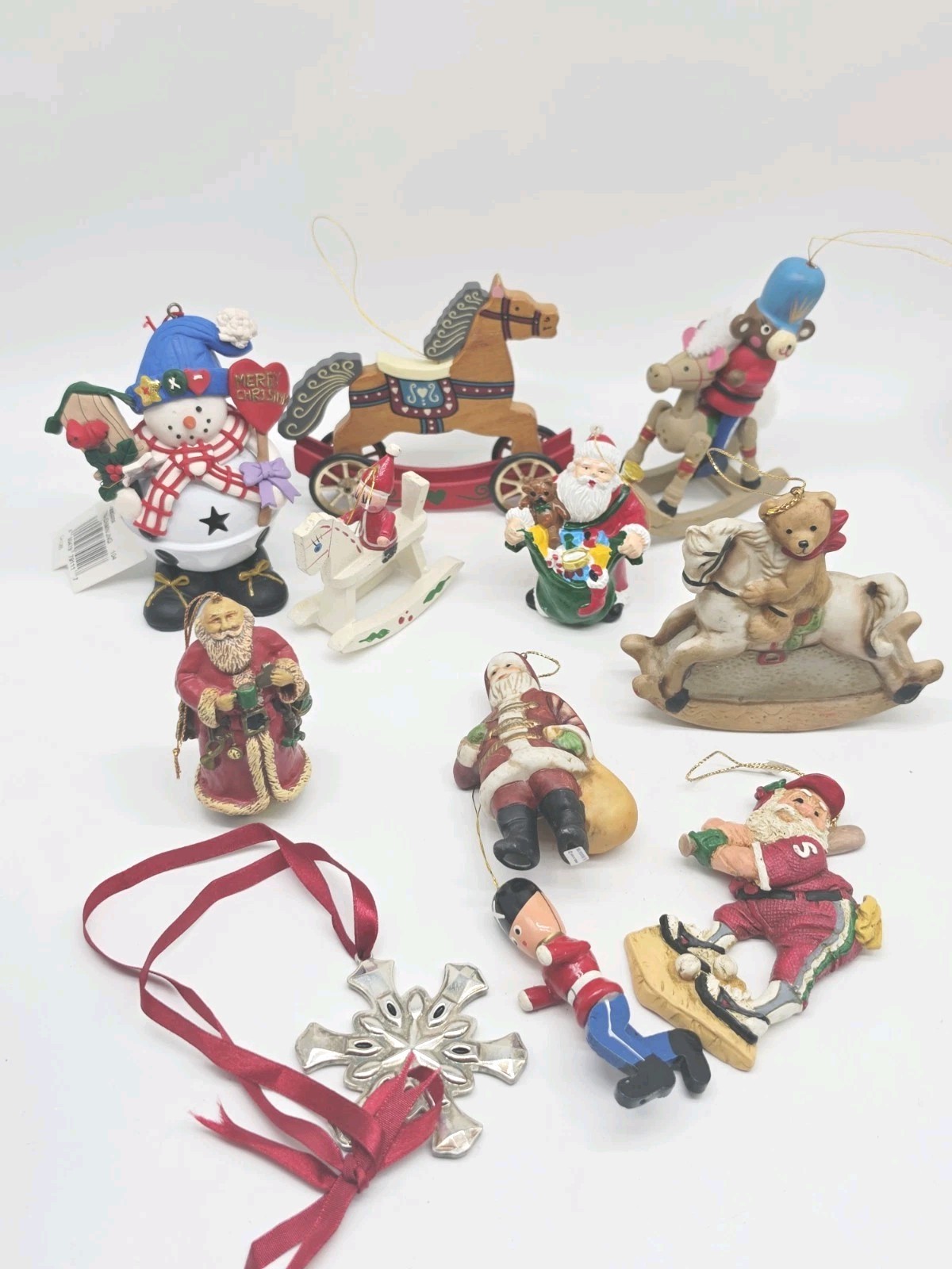 Vtg Christmas Ornament Lot 11 Santa Snowman Wooden Rocking Horse Toy Silvestri