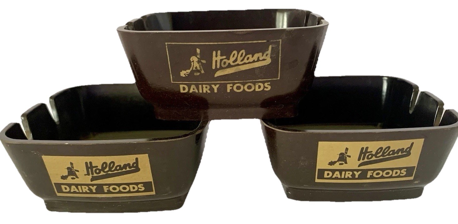 Vintage Holland Dairy Ashtrays Lot of 3 Melamine Brown & Gold 4”
