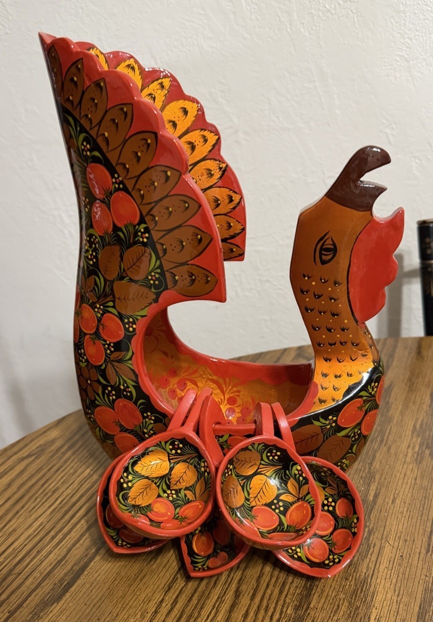 Russian Khokhloma Folk Art Lacquered Wooden Hand Painted Swan Bowl